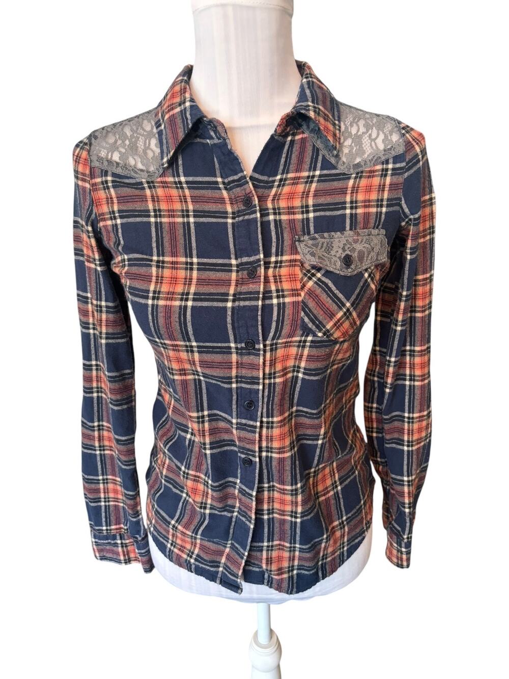 Girl Crazy Blue & Orange Plaid Flannel Lace Accents Size S